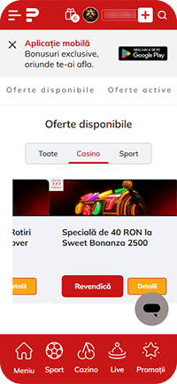 Pasul 4: secțiunea Oferte disponibile din contul Powerbet, unde apar rotirile fără depunere