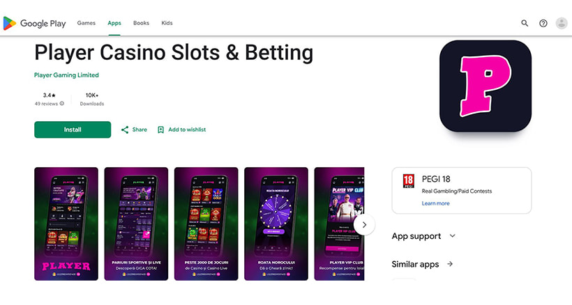 Aplicația Player Casino în Google Play