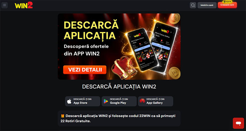 Pagina de descărcare a aplicației Win2, cu App Store, Google Play și AppGallery