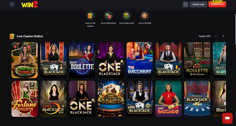 Secțiunea Live Casino Online de la Win2, cu filtre pentru blackjack, baccarat și ruletă
