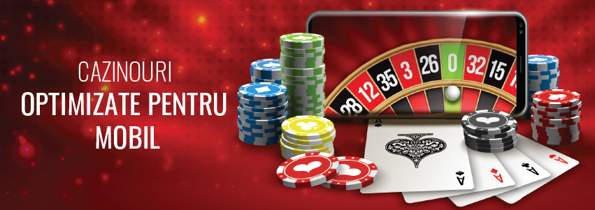 textul 'Cazinouri optimizate pentru mobil', jetoane, un telefon mobil deschis pe un joc de ruletă și cărți de joc.