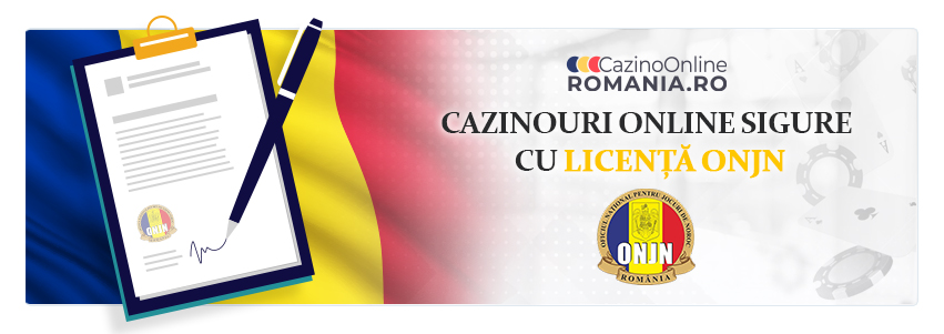Document cu sigla ONJN, steagul României, textul 'Cazinouri Online Sigure Cu Licență ONJN', și logo-ul CazinoOnlineRomânia.ro