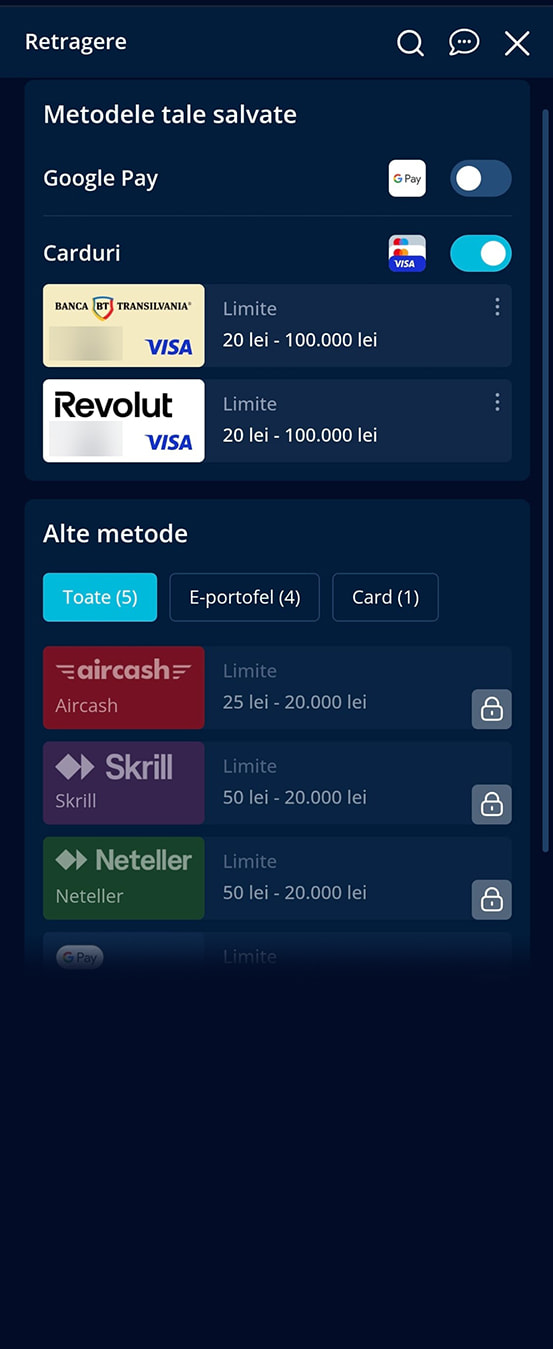 Pasul 2: casieria cu metodele de retragere disponibile