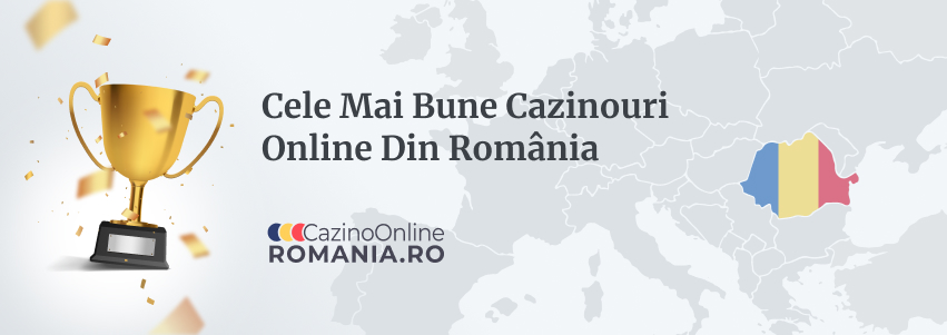 Trofeu, confetti, textul 'Cele Mai Bune Cazinouri Online Din România', harta României și logo-ul CazinoOnlineRomânia.ro