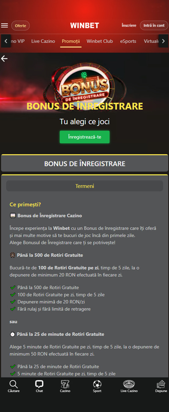 Pagina de promoție cu termenii unui bonus fără rulaj