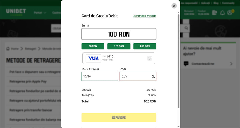 Depunere prin Visa la Unibet