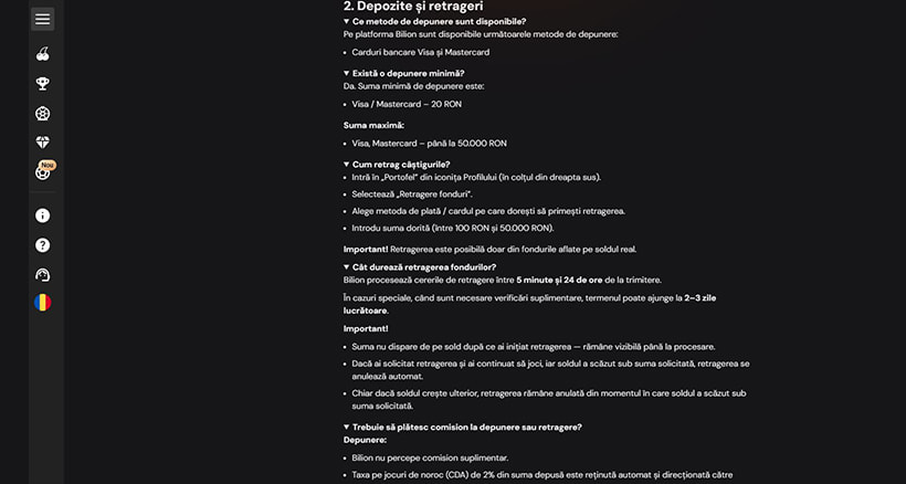Informații despre depuneri și retrageri la Bilion