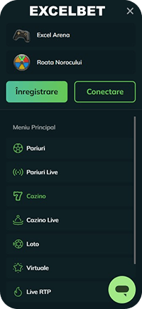 Meniul lateral Excelbet cu butonul de înregistrare