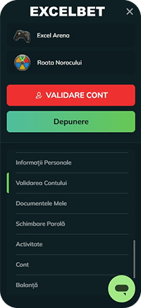 Butonul de validare a contului în meniul Excelbet