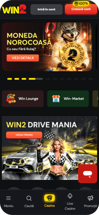 Prima pagină Win2 pe mobil, cu butonul Creează cont în dreapta sus