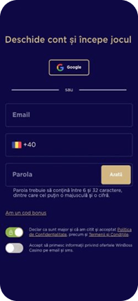 Prima pagină de deschidere a contului la WinBoss