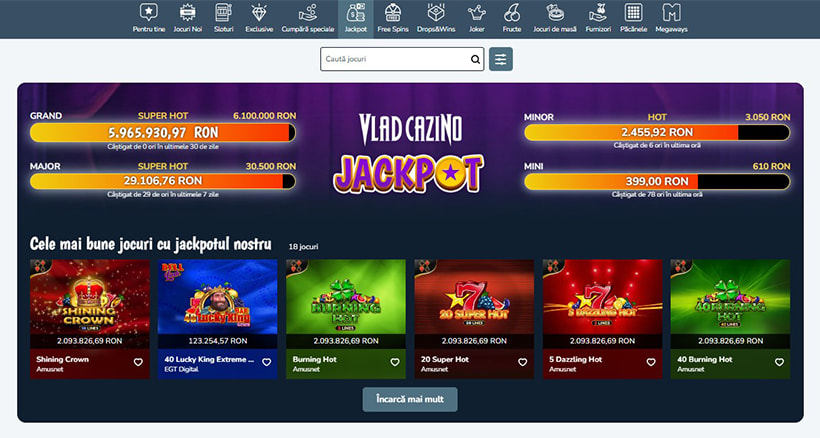 Jocuri cu jackpot la Vlad Cazino
