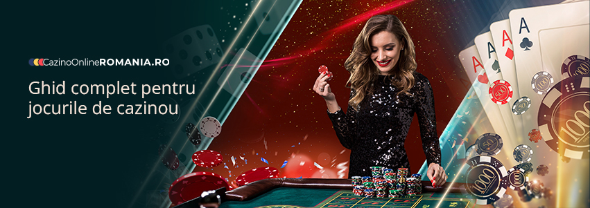 O femeie la masa de joc, simboluri din jocurile de noroc și textul 'Ghid complet pentru jocurile de cazinou'
