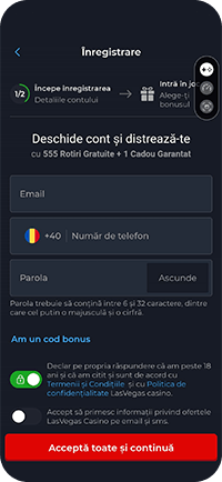 Formularul cu e-mail, telefon și parolă la Las Vegas Casino