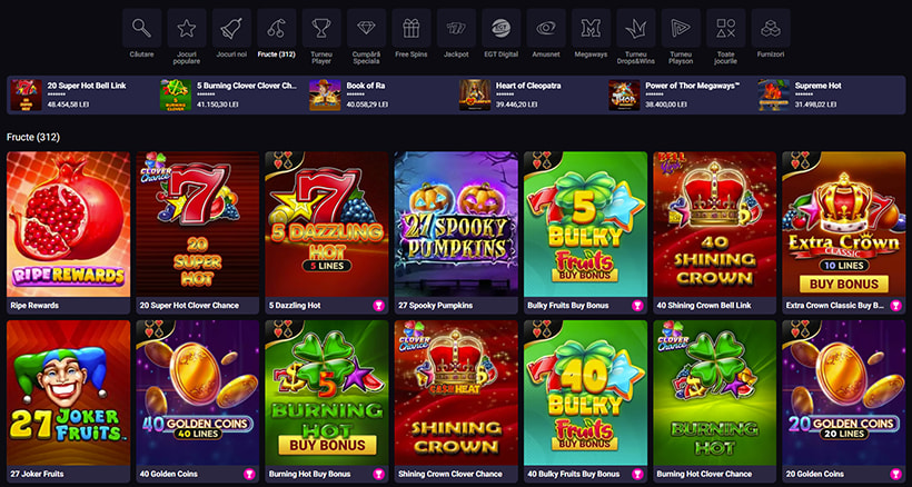 Meniu jocuri Player Casino