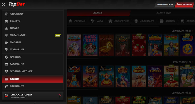 Meniu jocuri TopBet Casino