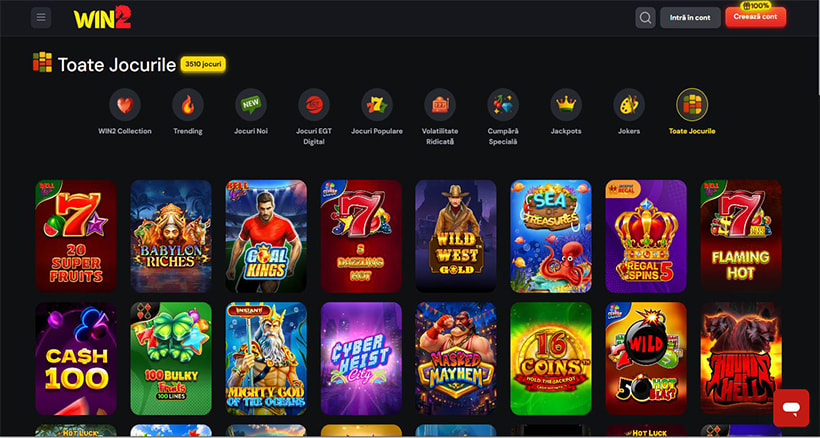 Lobby-ul Win2 Casino, cu categoriile de jocuri de la WIN2 Collection la Jokers