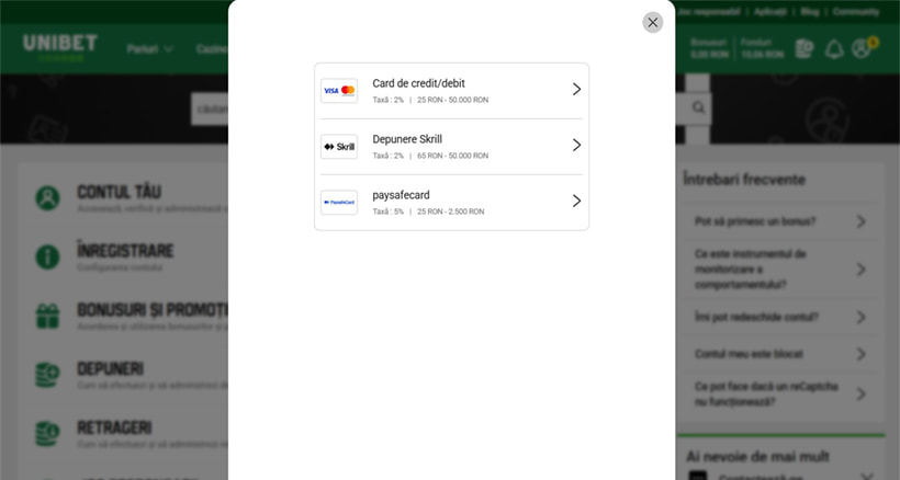 O parte din metodele de depunere de la Unibet