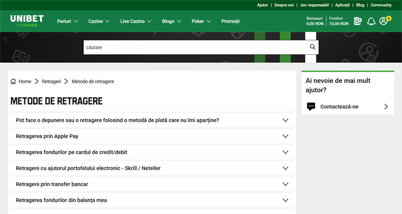 Informații despre retragere la Unibet