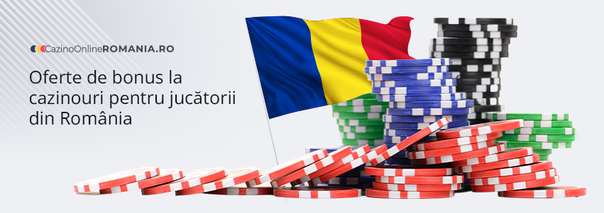 Jetoane, textul 'Oferte de bonus la cazinouri pentru jucătorii din România' și logo-ul CazinoOnlineRomânia.ro.