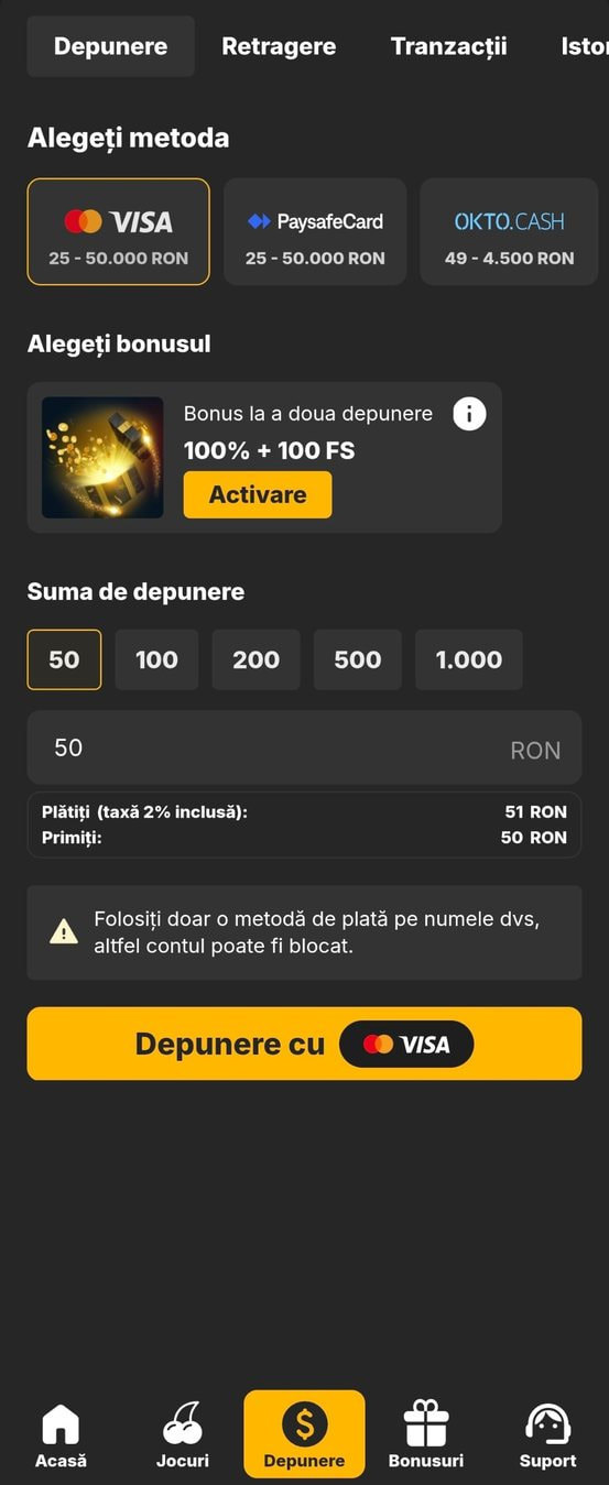 pasul 1 - alege plata cu cardul și scrie suma depunerii
