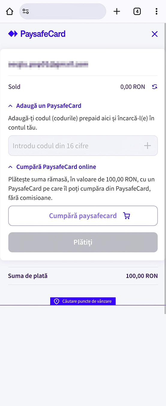 pasul 3 - introdu codul PaysafeCard