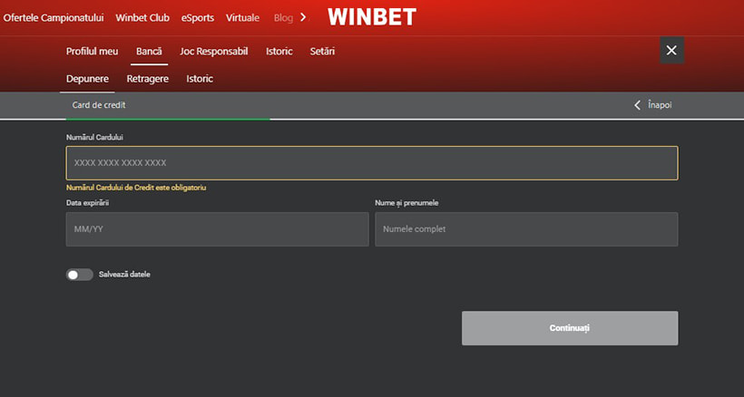 Depunere prin card la Winbet