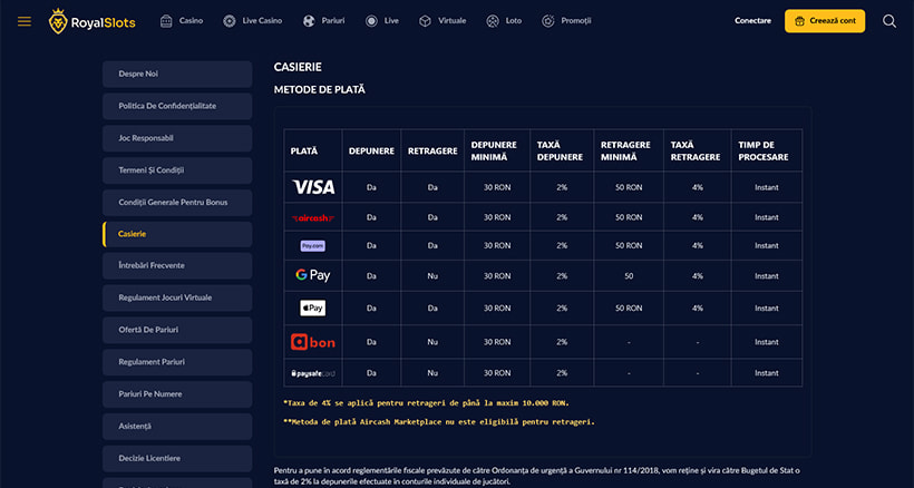 Metode de plată Royal Slots Casino