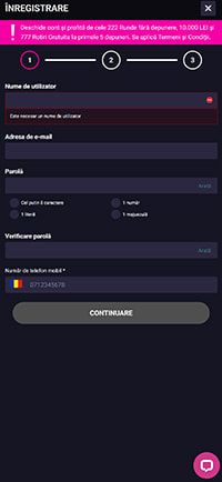 Formularul cu datele de cont la Player Casino