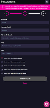 Formularul cu datele personale la Player Casino