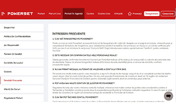 Secțiunea de Întrebări frecvente la Powerbet Casino