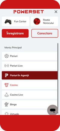Meniul principal Powerbet cu butonul de înregistrare