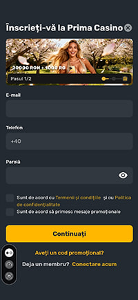 Formularul cu e-mail, telefon și parolă la Prima Casino
