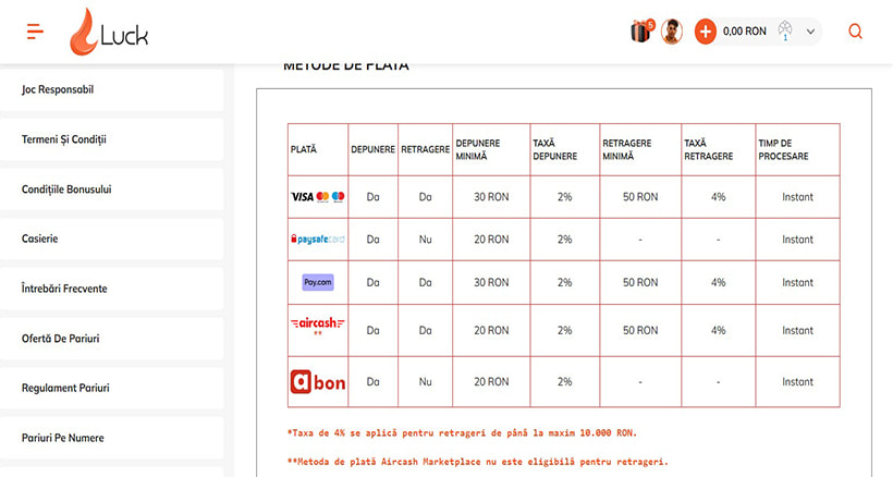 Retragere prin card la Luck Casino