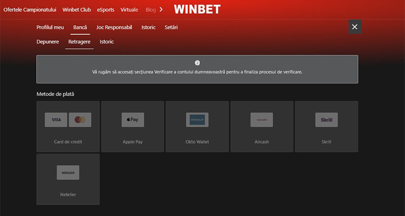 Metode de retragere la Winbet
