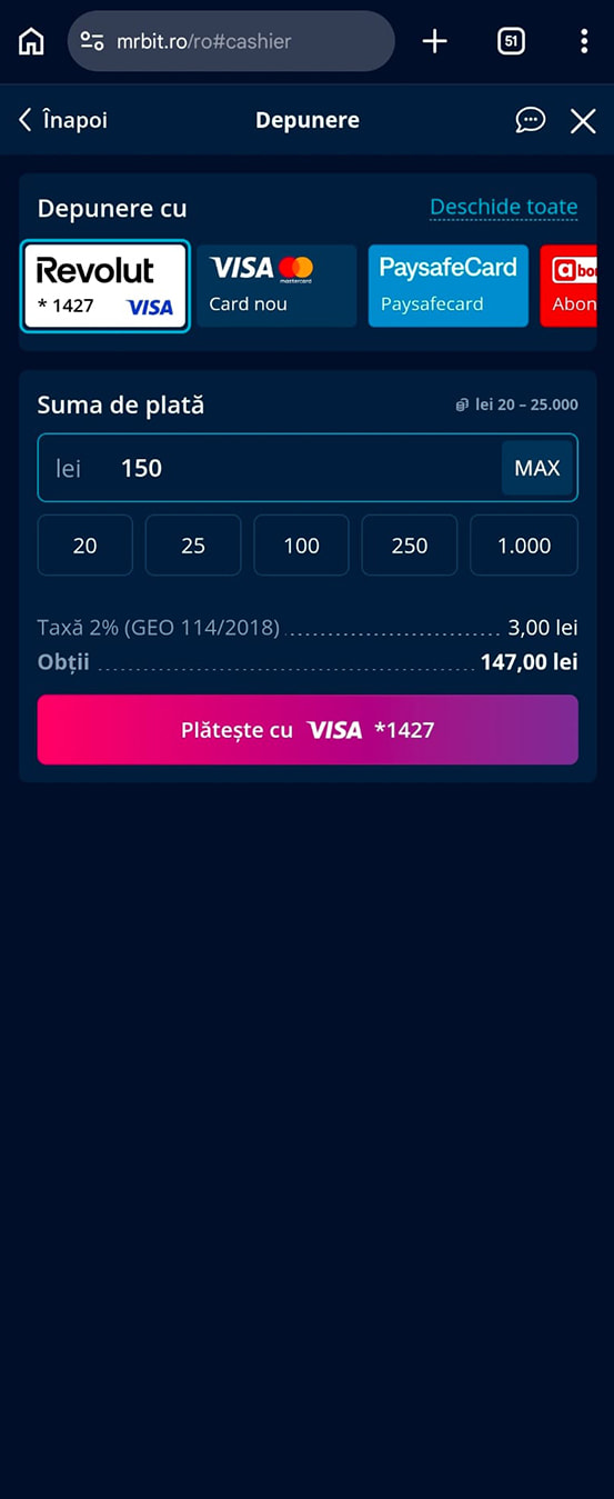 Pasul 2: alegerea cardului Revolut în casieria cazinoului