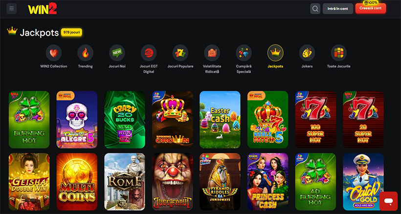 Categoria Jackpots de la Win2 Casino, cu sloturi Bell Link, Clover Chance și Regal Jackpot