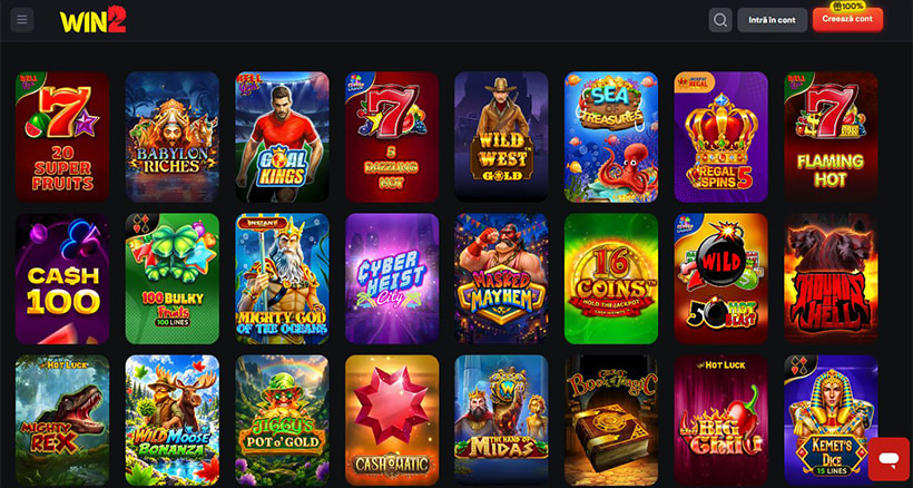 Sloturi la Win2 Casino, printre care 20 Super Fruits, Babylon Riches și Goal Kings