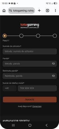 Pasul 1 la înregistrarea TotoGaming Casino: numele de utilizator, parola și telefonul