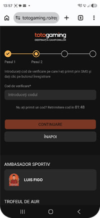 Pasul 2 la înregistrarea TotoGaming Casino: codul de verificare primit prin SMS