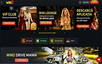 Prima pagină Win2 Casino, cu scurtăturile Win Lounge, Win-Market, Roata Norocului și Misiuni