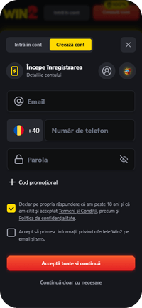 Primul ecran al formularului Win2: e-mail, telefon, parolă și cod promoțional